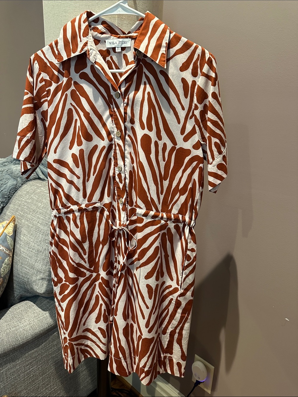 Willa Story Brown & White Drawstring Shirt Dress
